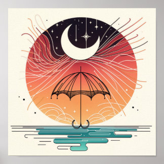 Affiche Boho Lune sur Parapluie avec Étoiles qui Tombent