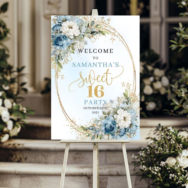 Affiche Boho Luxe Panneau de Sweet 16 Fleurs Bleu Clair et (Luxury Light Blue Floral Sweet 16 Sign)