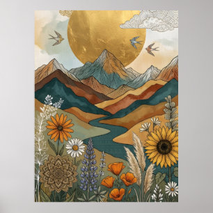 Affiche Boho Mandala Céleste Rivière Montagne Soleil