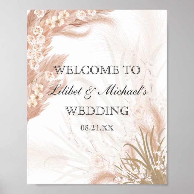 Affiche Boho Mariage Coral Rose Pampas Grass Aquarelle (Devant)