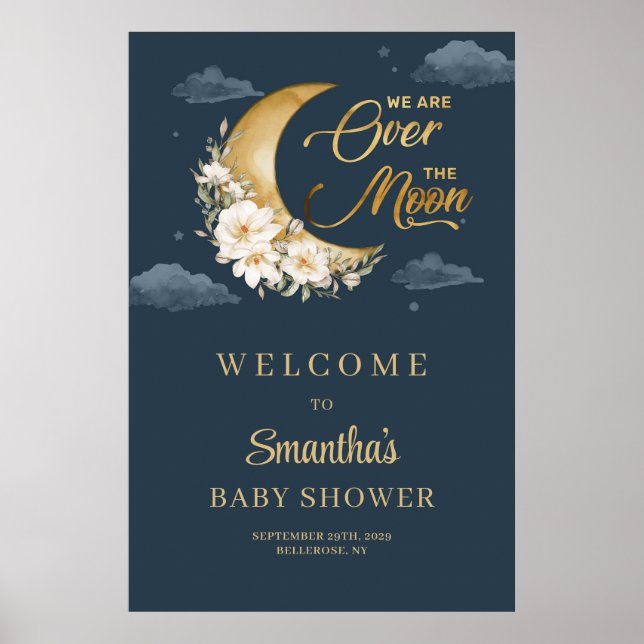 Affiche Boho marine et or lune Baby shower floral Bienvenu (Devant)