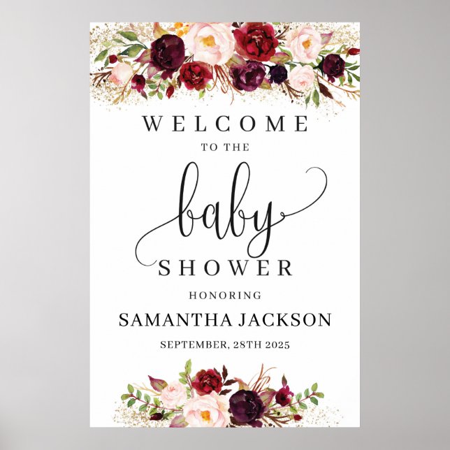 Affiche Boho marsala baby shower fleuri signe de bienvenue (Devant)