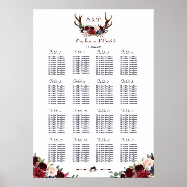 Affiche Boho Merlot Marine Blue Floral Antlers (Devant)