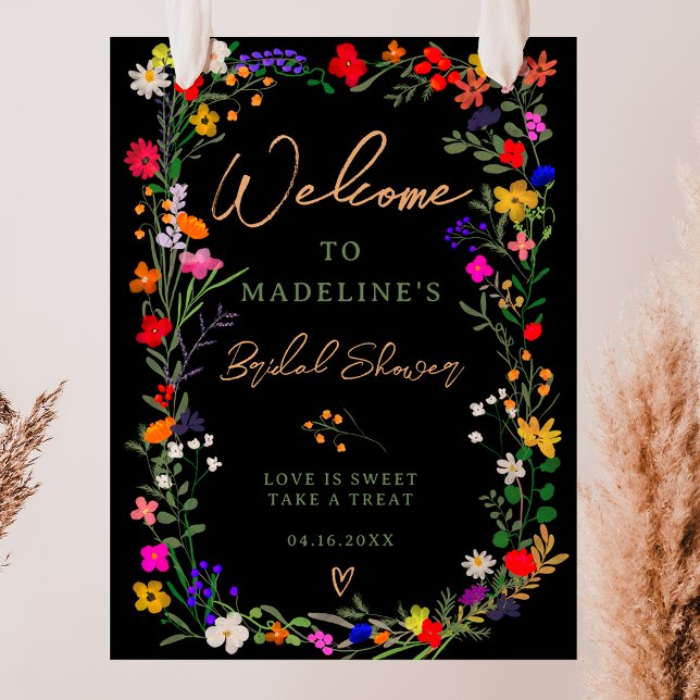 Affiche Boho moderne fleurs sauvages éclatantes accueil de (Modern boho bright wild flowers bridal welcome poster on black)