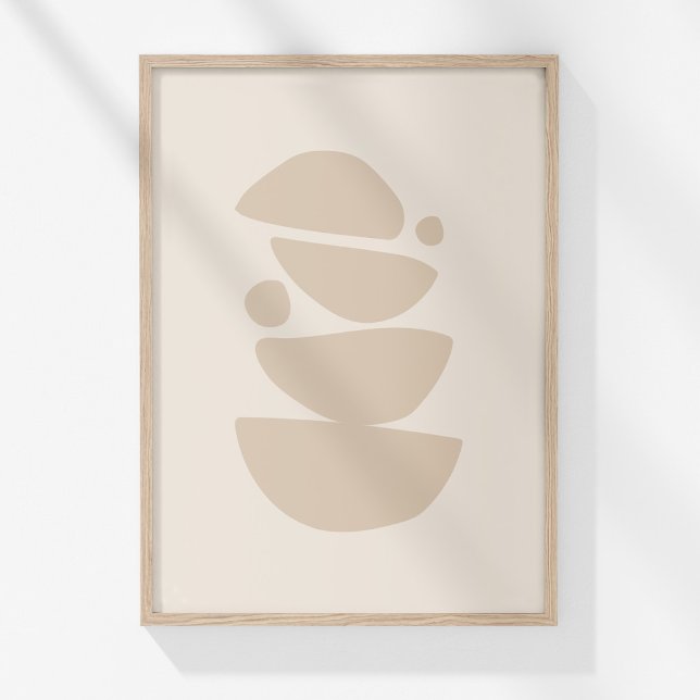 Affiche Boho Moderne Muted Beige Neutral Bowls Art Abstrai (Boho Modern Muted Beige Neutral Bowls Abstract Art Poster in a neutral wooden frame on a sunny wall.)