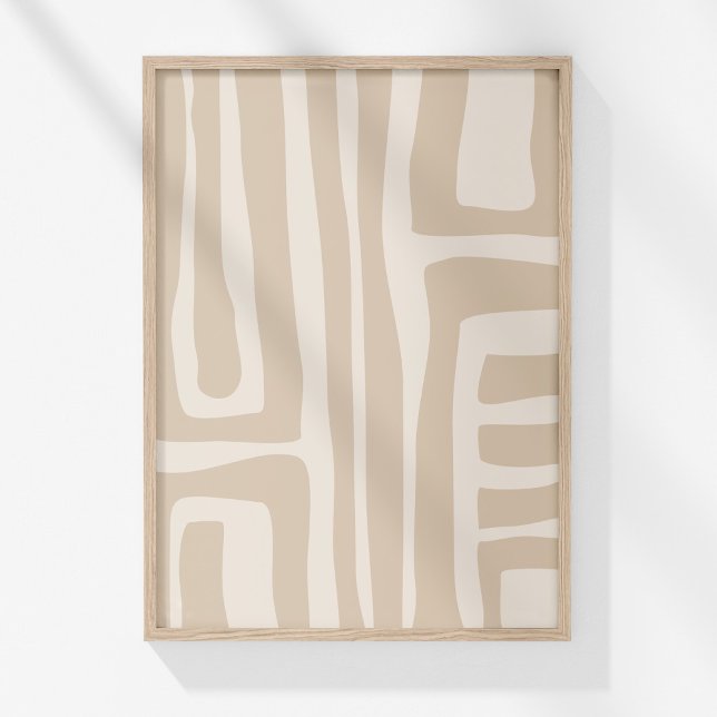 Affiche Boho Moderne Muted Beige Neutre Art Abstrait (Boho Modern Muted Beige Neutral Abstract Art Poster in a neutral wooden frame on the wall.)