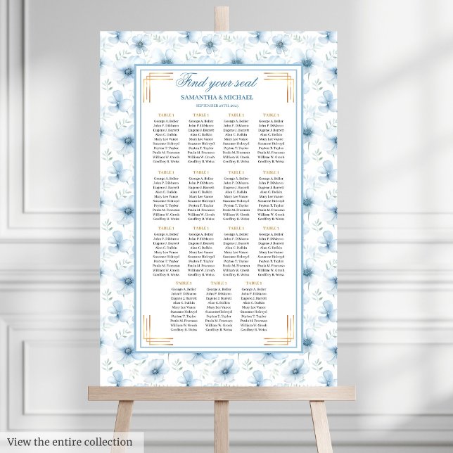 Affiche Boho moderne Pastel Blue Gold Parties scintillant  (Modern Boho Pastel Blue Gold Glitter Seating Chart)