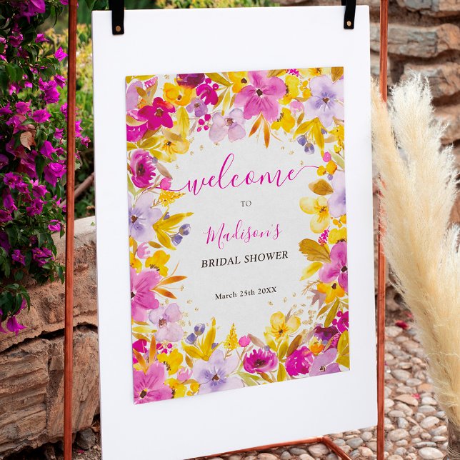 Affiche Boho moderne violet fleuri accueil douche nuptiale (Boho modern purple floral welcome bridal shower poster)