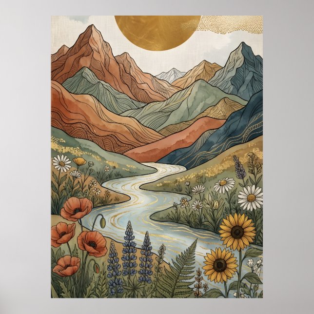 Affiche Boho Montagne Céleste Rivière Dorée Tournesol (Devant)