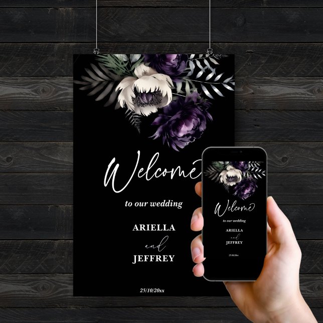 Affiche Boho moody foncé élégant signe d'accueil de mariag (Dark moody boho elegant wedding editable template welcome sign digital download purple peonies)