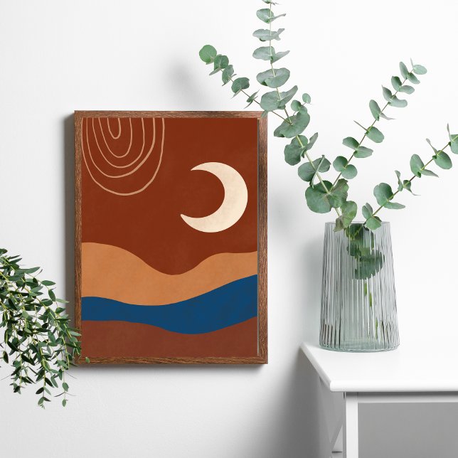 Affiche Boho Moon Paysage Abstrait Terracotta tendance (Boho Moon Landscape Beige Brown Blue White Wall Art. Digital and Printed)