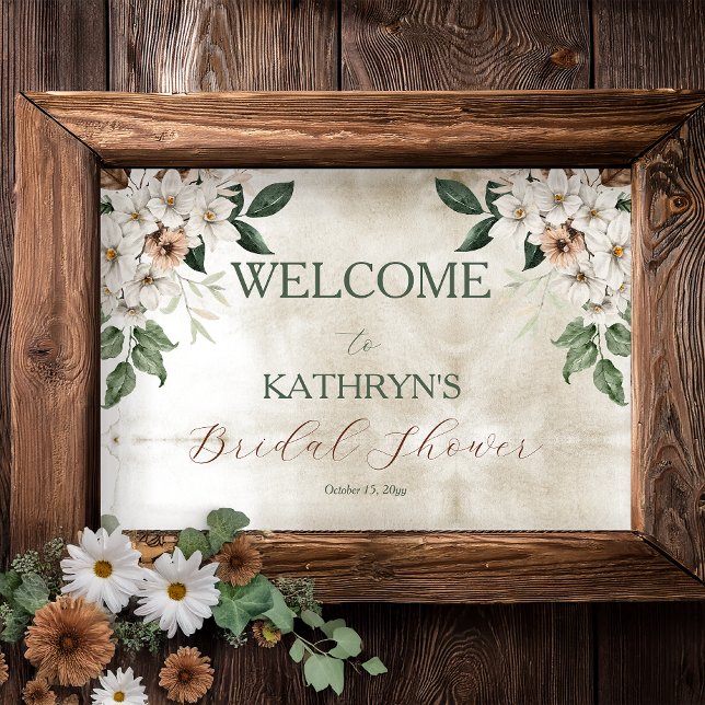 Affiche Boho Muted Fall Fête des mariées florale (Boho Muted Fall Floral and Grapevine Wreath "Fall in Love" Bridal Shower Welcome Poster)
