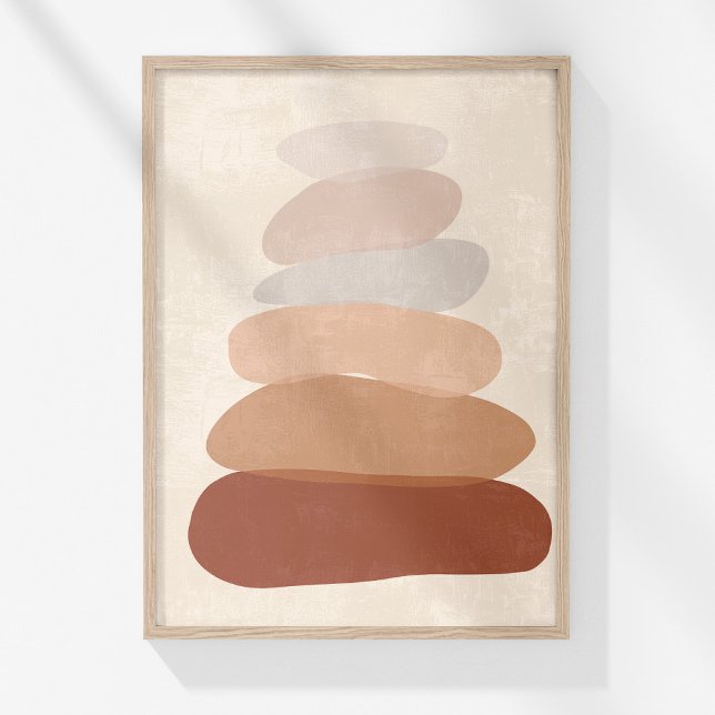 Affiche Boho Muted Neutre Abstrait Stones Zen Art (Boho Muted Neutral Abstract Zen Stones Art Poster in a wooden frame on a sunny white wall.)