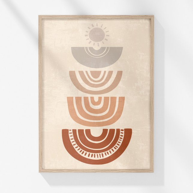 Affiche Boho Muted Soleil Abstrait neutre et formes art (Boho Muted Neutral Abstract Sun and Shapes Art Poster in a wooden frame on a sunny white wall.)