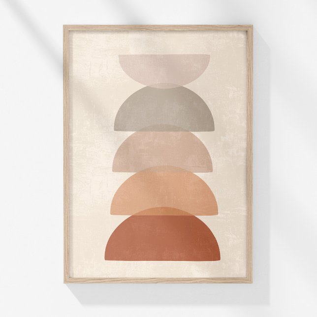 Affiche Boho Muted Terracotta Neutral Bowls Abstrait Art (Boho Muted Terracotta Neutral Abstract Bowls Art Poster in a wooden frame on wihte wall.)