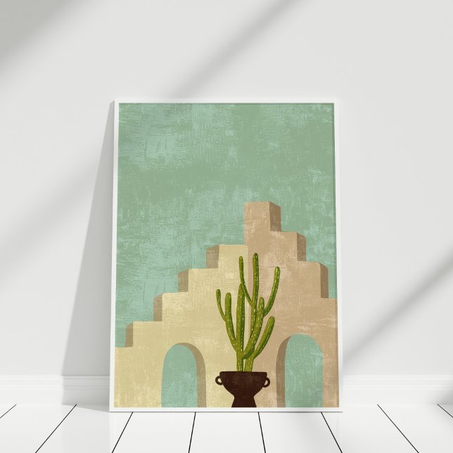 Affiche Boho Neutre et Turquoise Abstrait Illustration Art (Boho Neutral and Teal Abstract Illustration Art Poster in white frame against white wall.)