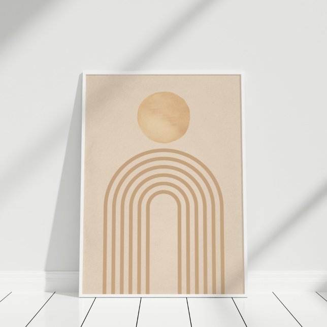Affiche Boho Neutre Pêche Terracotta Sun Rainbow (Boho Neutral Peach Terracotta Sun Rainbow Poster in white frame on wooden floor.)