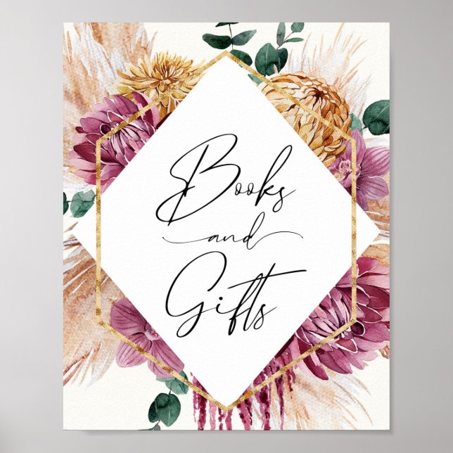 Affiche Boho Pampas Grass séché Bouquet Livres et Cadeaux (Devant)