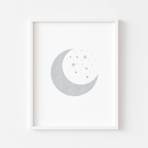 Affiche Boho pastel lune et étoiles bleu imprimé