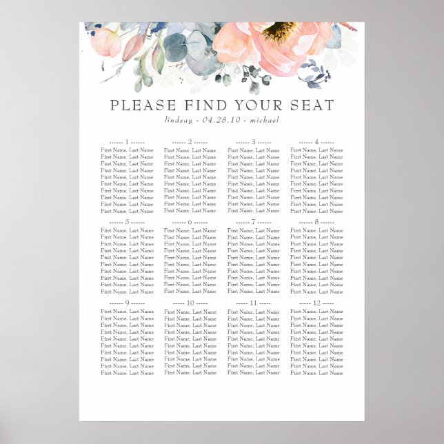Affiche Boho Peach Floral Dusty Blue Mariage Chart (Devant)