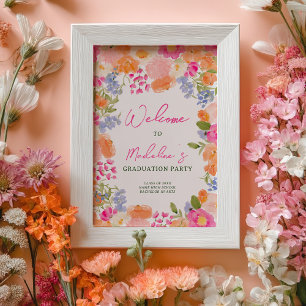 Affiche Boho Peach Pink Floral Graduation Party Bienvenue