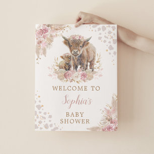 Affiche Boho Pink Highland Vache bébé fille Douche Bienven