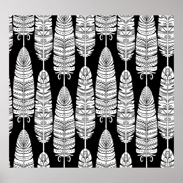 Affiche Boho plumes : motif noir et blanc (Devant)