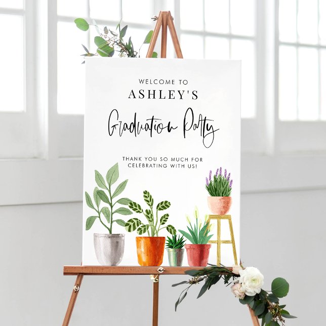 Affiche Boho Poted Houseplants Graduation Party Bienvenue (Customizable boho graduation party welcome sign featuring watercolor potted houseplants. )