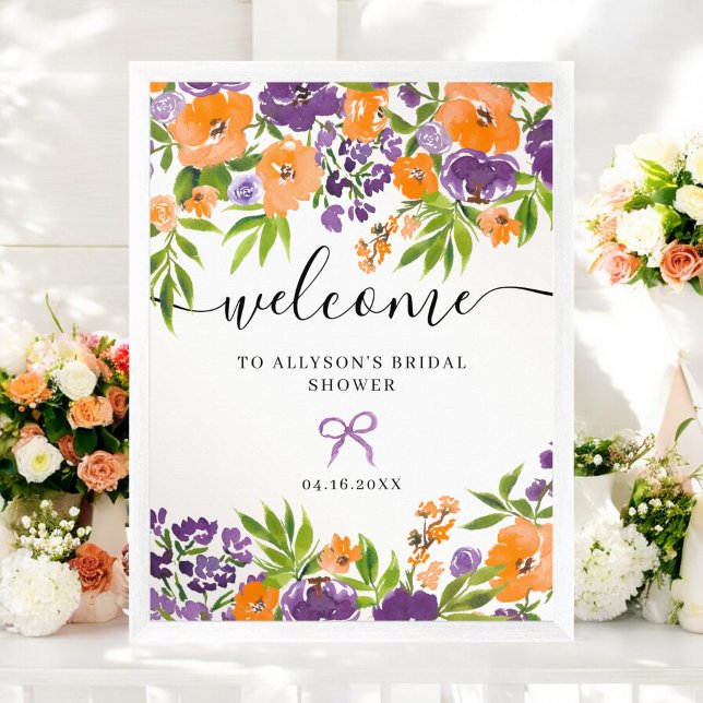 Affiche Boho Purple Orange Floral Bienvenue (Boho Purple Orange Floral Bridal Welcome Poster)