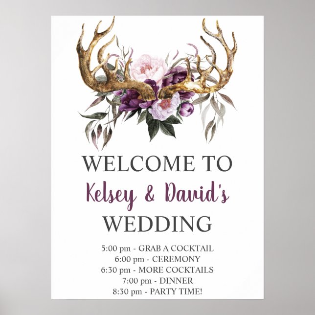 Affiche Boho Purple Plum Pink Peonies Détails du Mariage (Devant)