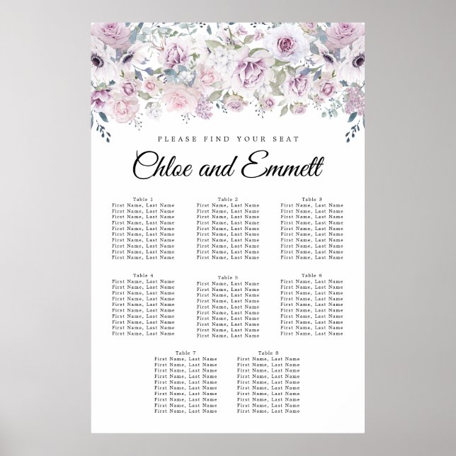 Affiche Boho Purple White Floral 8-Table Seating Chart (Devant)