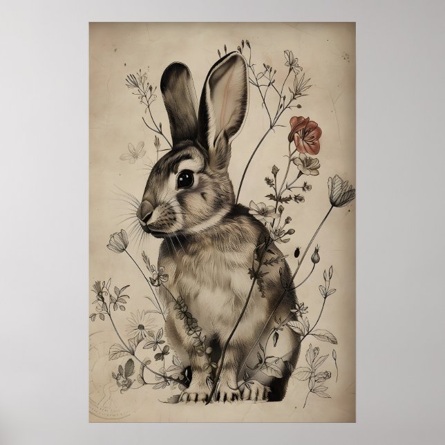 Affiche Boho Rabbit Bunny Flower Print, Rustic Hare (Devant)