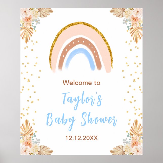Affiche Boho Rainbow Blue Baby shower Bienvenue (Devant)