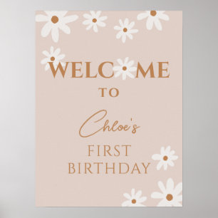 Affiche Boho Retro Brown Daisy Girl Birthday Welcome