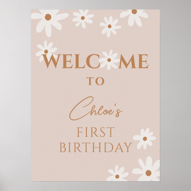 Affiche Boho Retro Brown Daisy Girl Birthday Welcome (Devant)