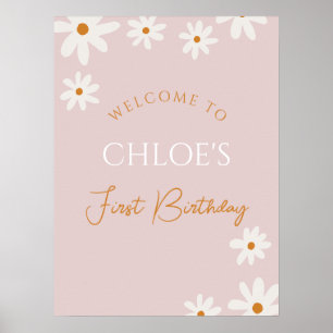 Affiche Boho Retro Rose Daisy Girl Premier anniversaire Bi