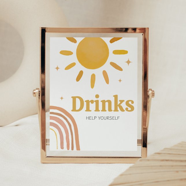 Affiche Boho Retro Sunshine Baby shower Boissons (Here Comes the Sun Baby Shower Drinks Sign)