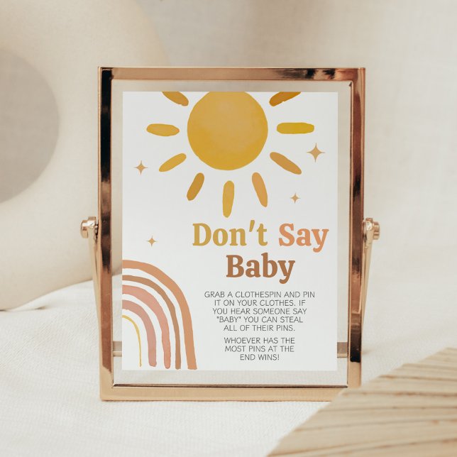 Affiche Boho Retro Sunshine Baby shower Ne pas dire bébé (Here Comes the Sun Baby Shower Don't Say Baby Sign)