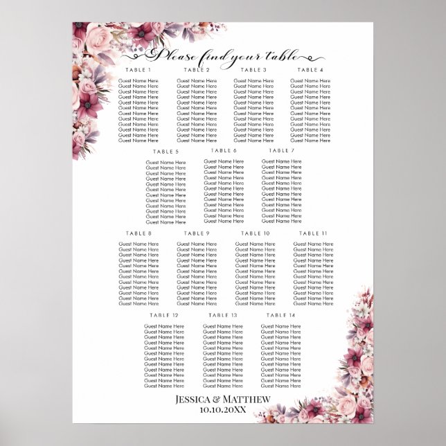 Affiche Boho Rose Dusty Floral 14 Tables Siège Mariage (Devant)