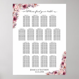 Affiche Boho Rose Dusty Floral 17 Tables Siège Mariage