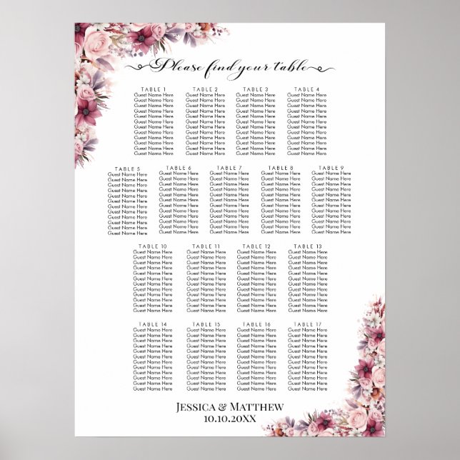 Affiche Boho Rose Dusty Floral 17 Tables Siège Mariage (Devant)