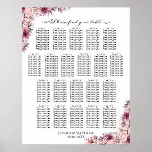 Affiche Boho Rose Dusty Floral 21 Tables Siège Mariage