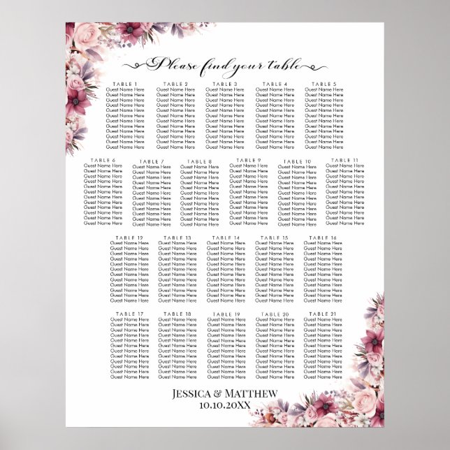 Affiche Boho Rose Dusty Floral 21 Tables Siège Mariage (Devant)