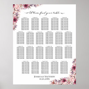 Affiche Boho Rose Dusty Floral 22 Tables Siège Mariage