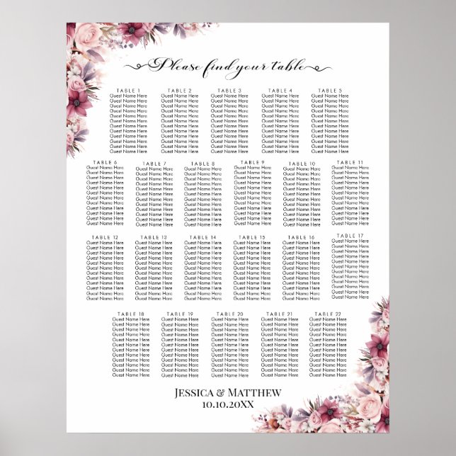 Affiche Boho Rose Dusty Floral 22 Tables Siège Mariage (Devant)