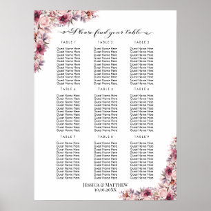 Affiche Boho Rose Dusty Floral 9 Tables Siège Mariage