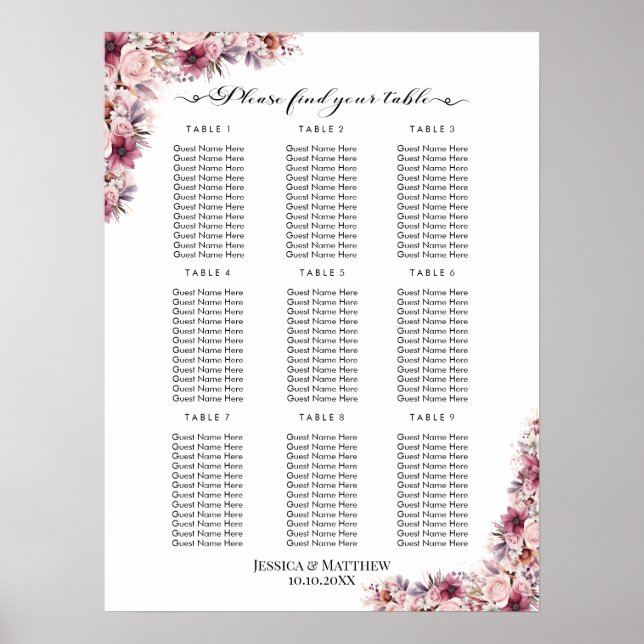 Affiche Boho Rose Dusty Floral 9 Tables Siège Mariage (Devant)