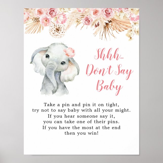 Affiche Boho rose Elephant fille Baby shower ne pas dire b (Devant)