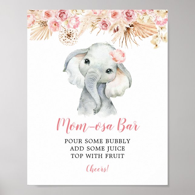 Affiche Boho rose Elephant Girl Baby shower Mom-osa Bar (Devant)