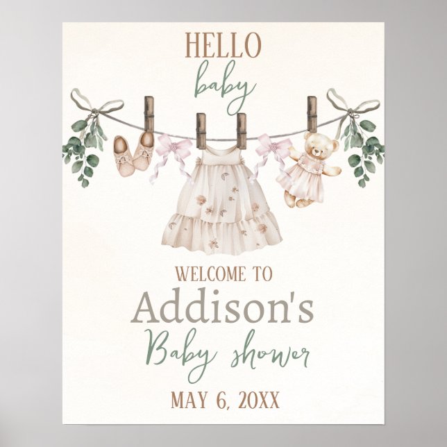 Affiche Boho Rose fille Baby shower Vêtements bébé Bienven (Devant)